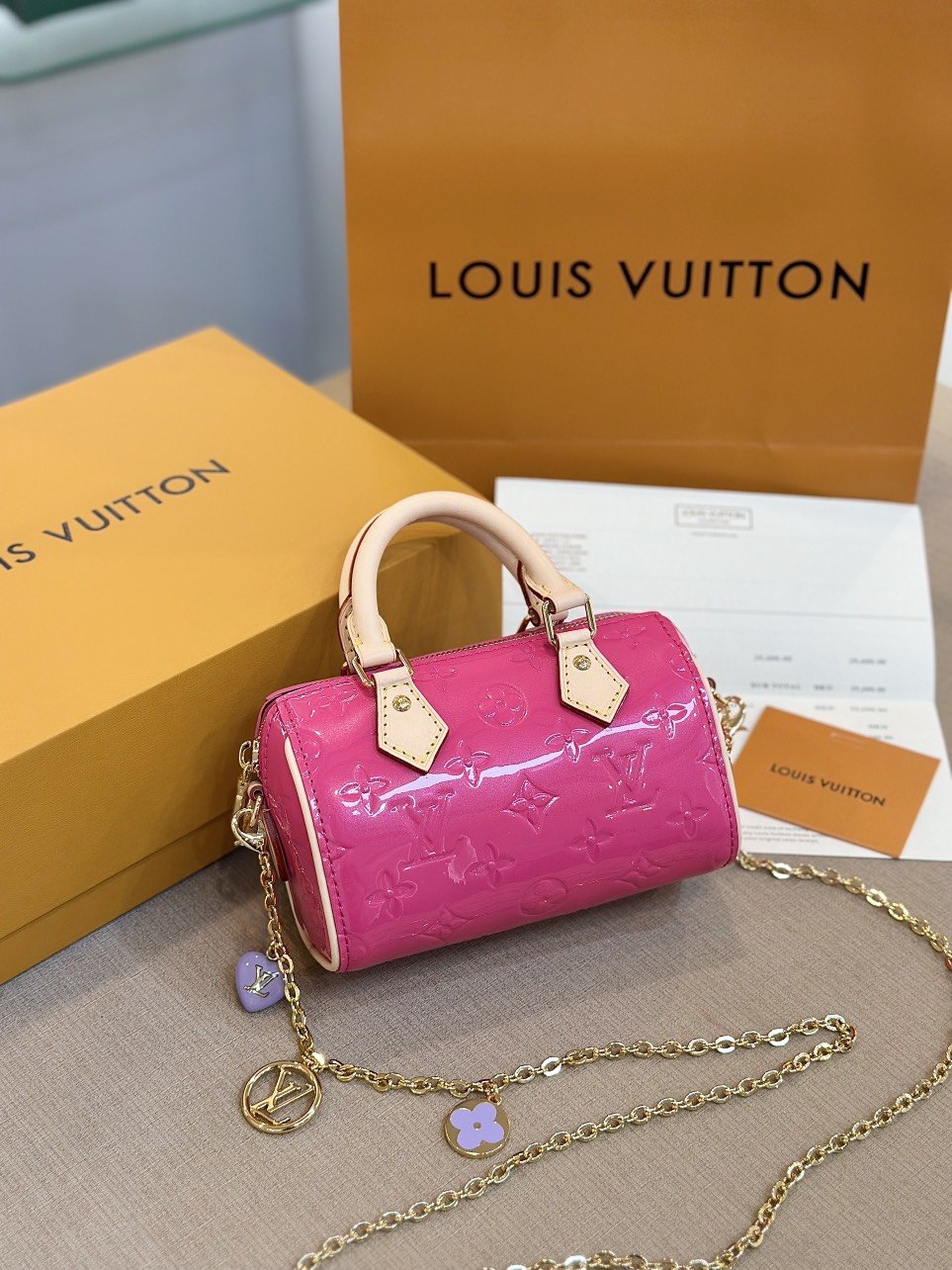 Louis Vuitton LV Nano Speedy Pink Shiny Leather Handbags 16x10x7,5cm - Image 7