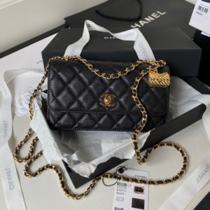 Chanel Handle Bag Lumpy Skin Handbags Black With Lock Gold 19cm