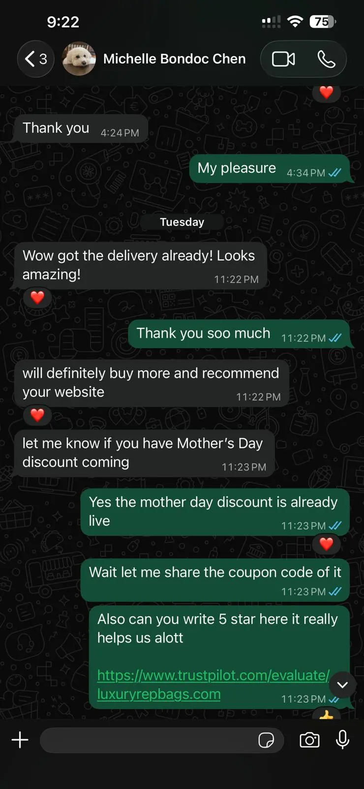 Replica designer bag customer feedback screenshot Prestige Bags io
