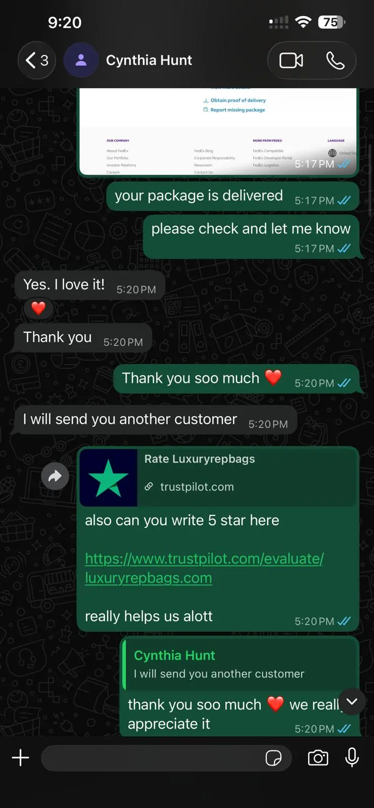 Prestige Bags io customer review screenshot for replica designer bags