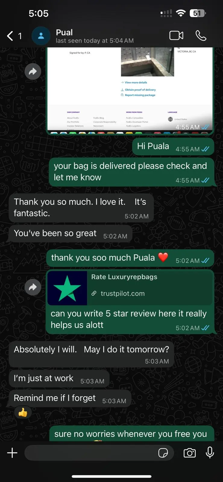 Customer review screenshot for luxury replica bags Prestige Bags io