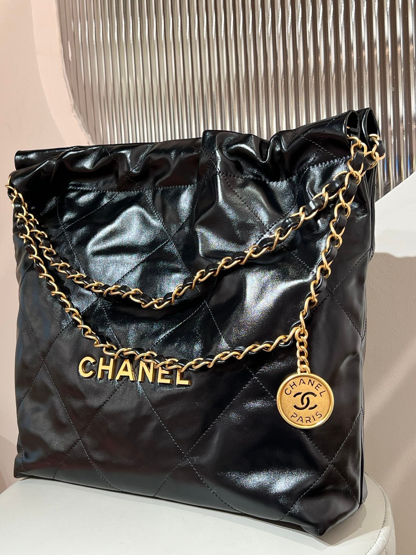 CHANEL 22 Bag Small Gold & Black Lambskin Leather - Image 2