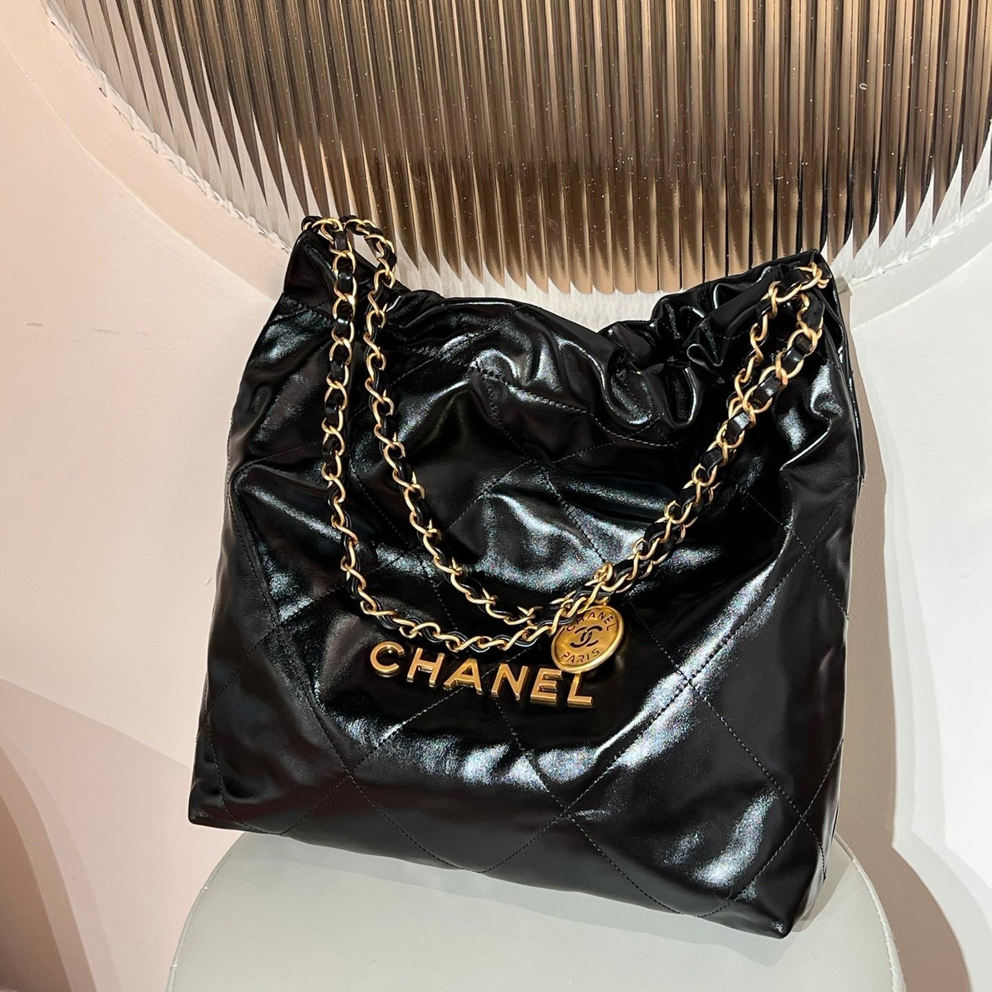 CHANEL 22 Bag Small Gold & Black Lambskin Leather - Image 3
