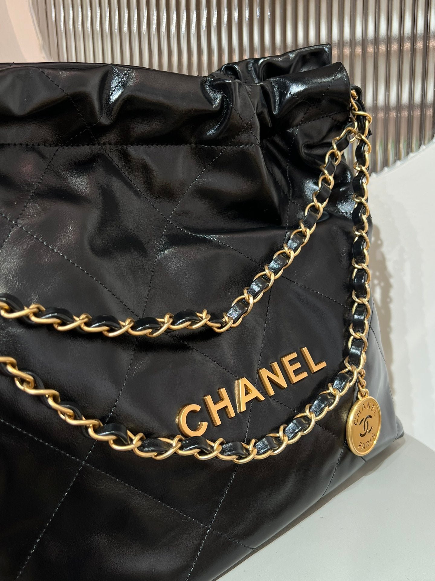 CHANEL 22 Bag Small Gold & Black Lambskin Leather - Image 5