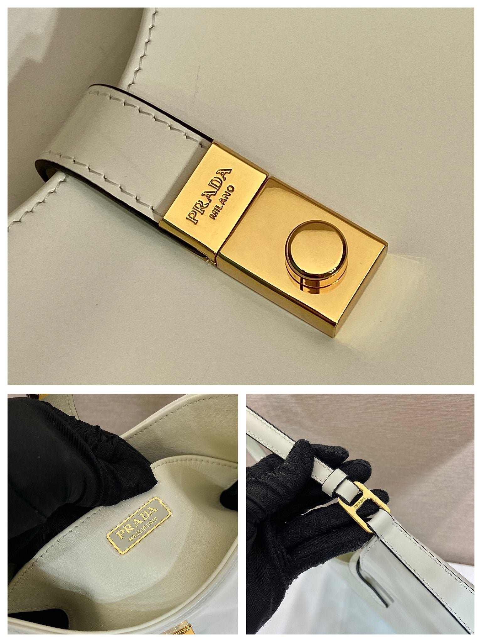 PRADA CLEO SHOULDER BAG 22 IN WHITE BRUSHED LAMBSKIN WITH CLASP CLOSURE - Image 4