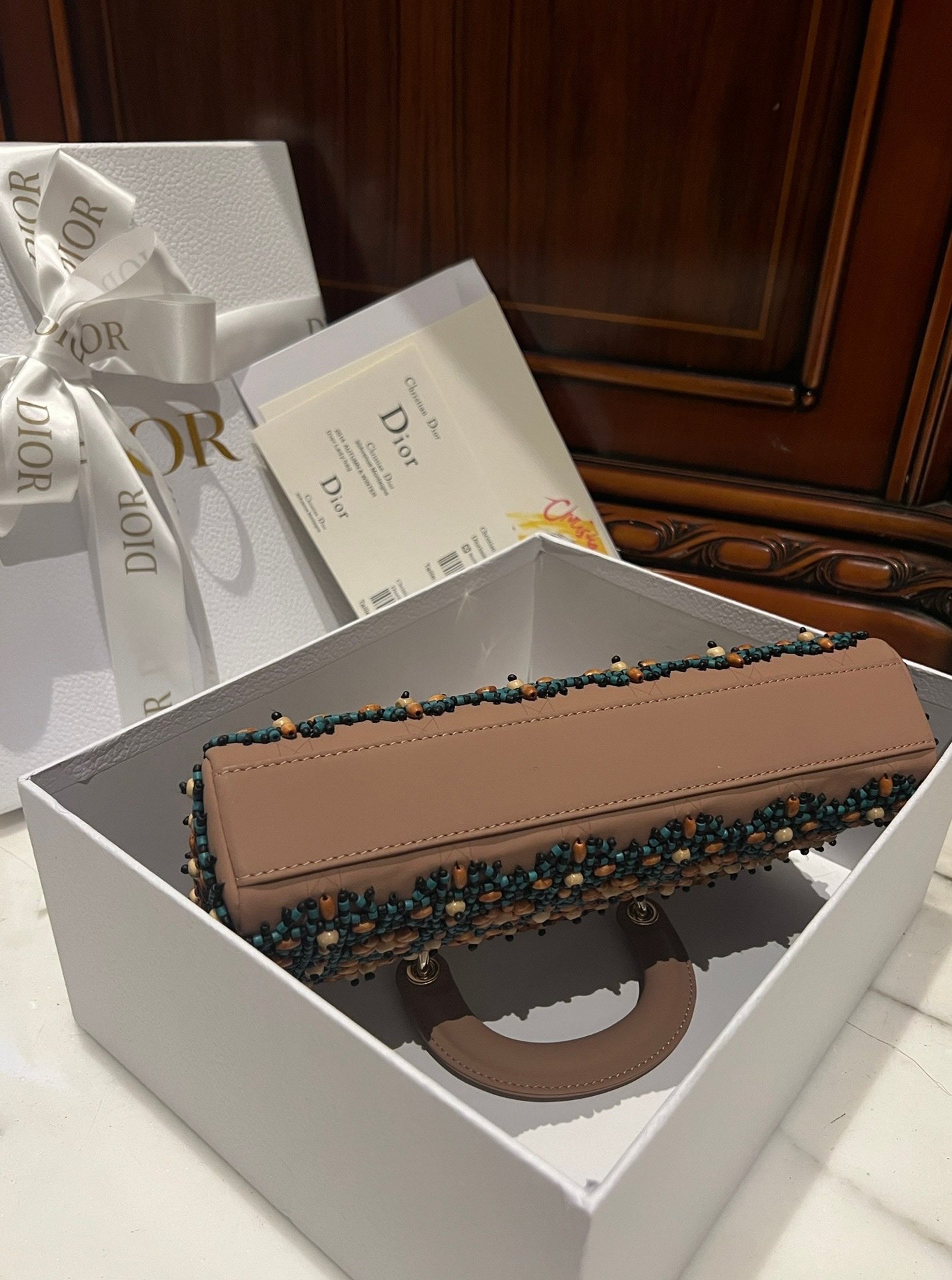 Dior D-Joy Medium Handbag With Beaded Pattern 26cm - Image 3
