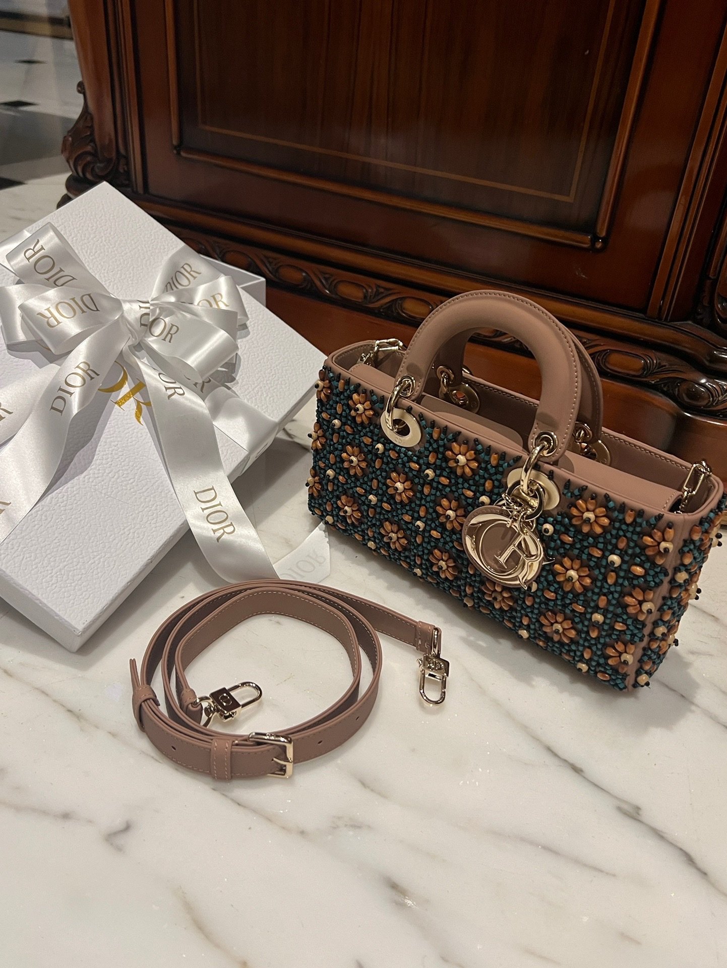 Dior D-Joy Medium Handbag With Beaded Pattern 26cm - Image 8