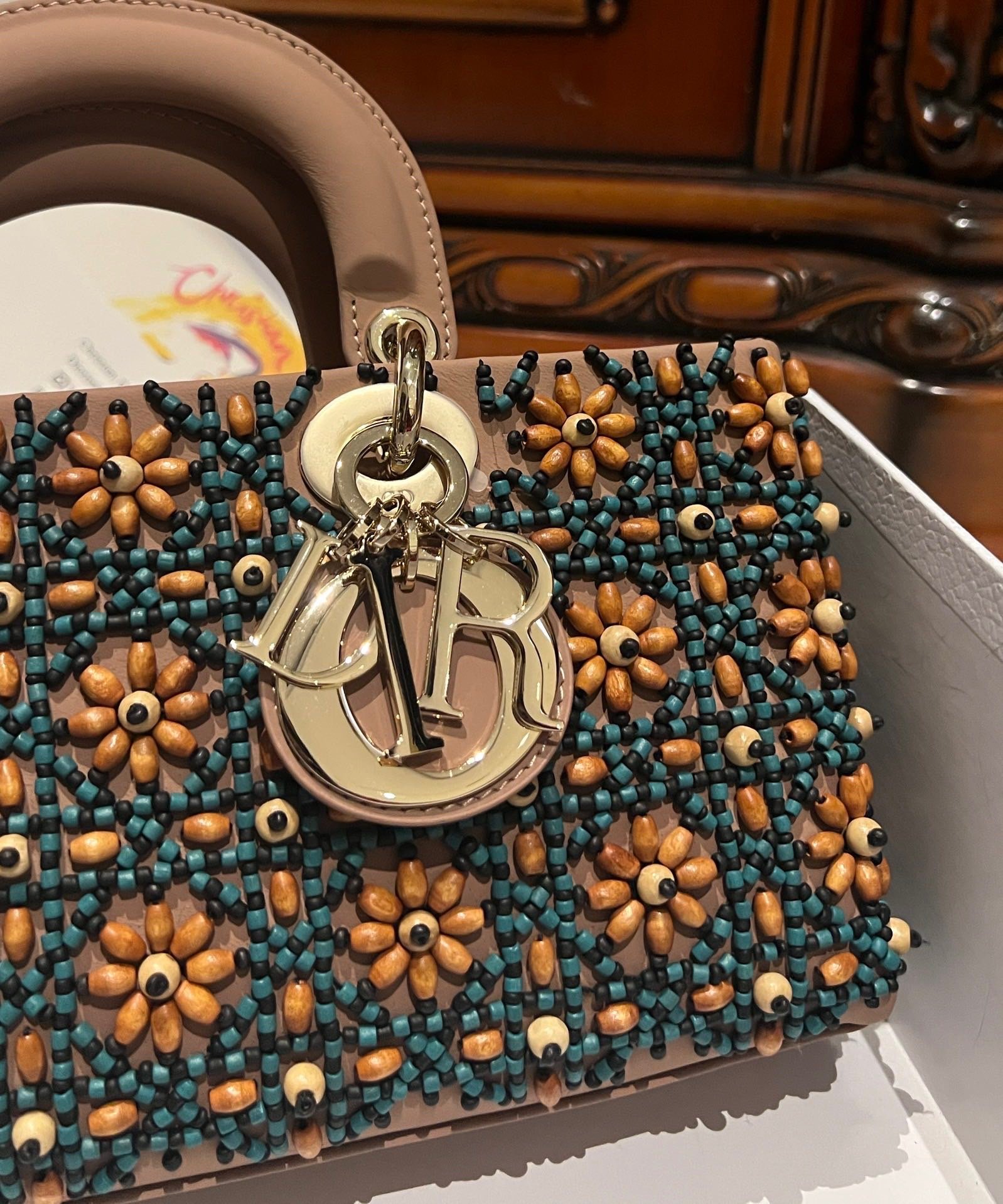 Dior D-Joy Medium Handbag With Beaded Pattern 26cm - Image 5