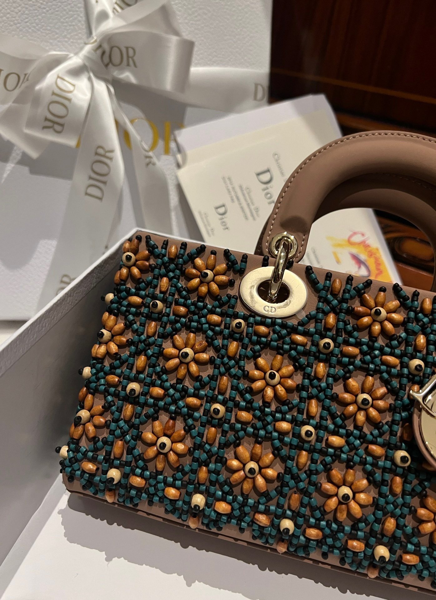 Dior D-Joy Medium Handbag With Beaded Pattern 26cm - Image 6