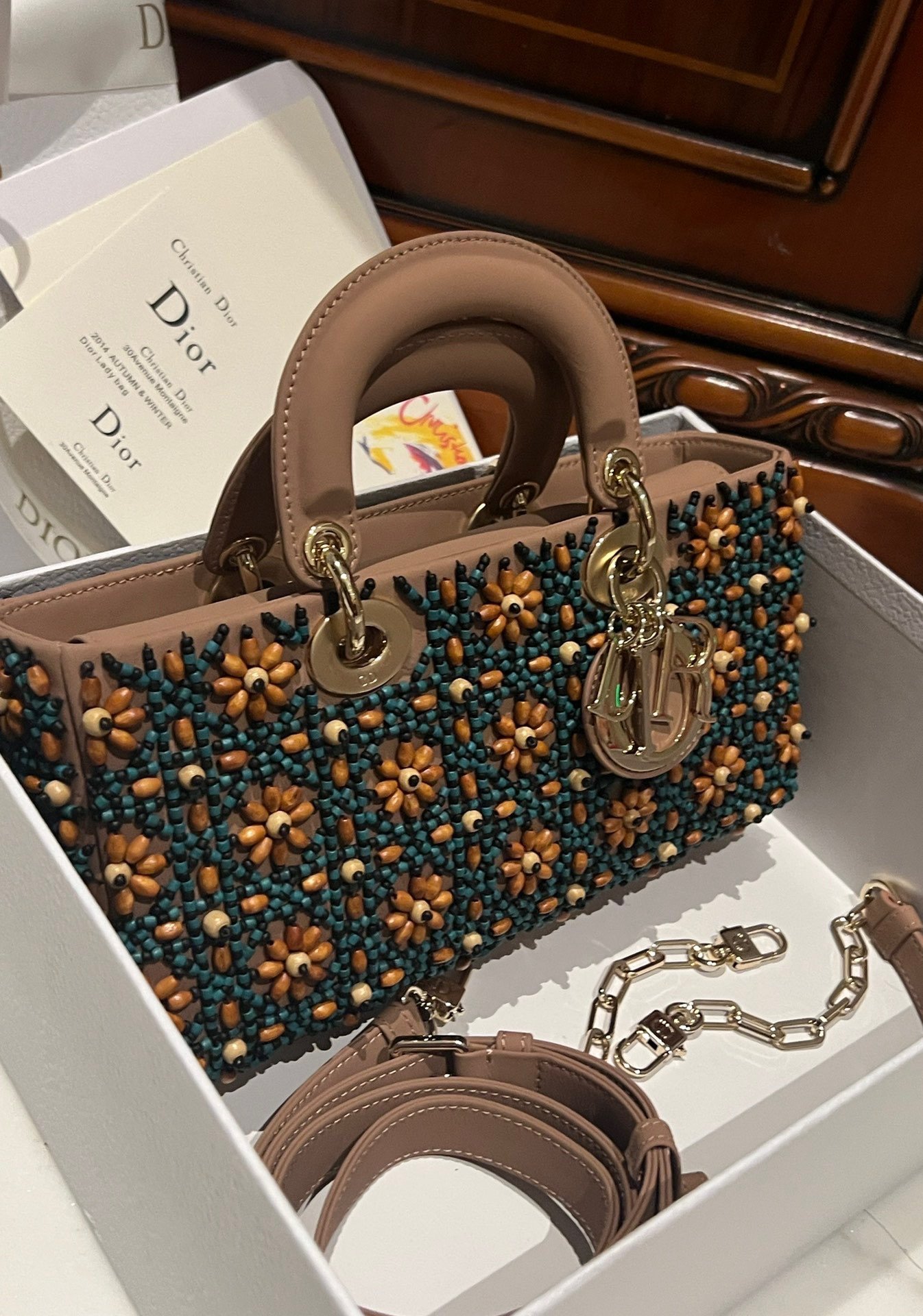 Dior D-Joy Medium Handbag With Beaded Pattern 26cm - Image 7