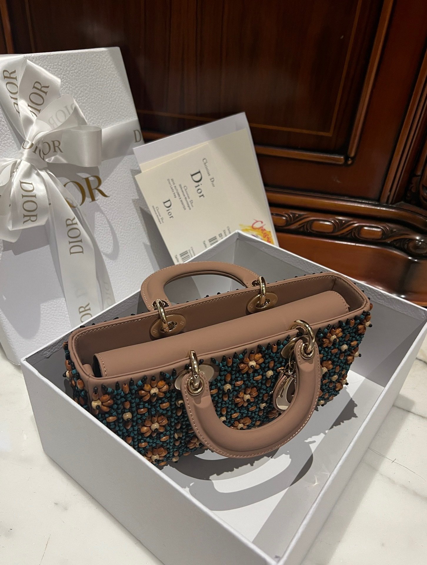 Dior D-Joy Medium Handbag With Beaded Pattern 26cm - Image 4