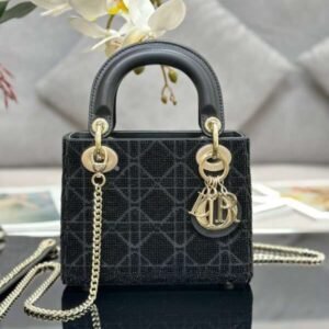Dior Lady Super Black Beaded Handbag 17x15x7cm
