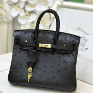 HN 25 Black Ostrich Leather Gold Hardware